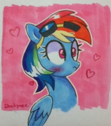 Size: 562x639 | Tagged: safe, artist:darkynez, imported from derpibooru, rainbow dash, pegasus, pony, blushing, goggles, heart, marker drawing, solo, traditional art, wavy mouth, wide eyes