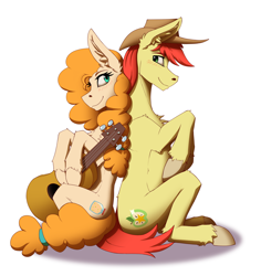 Size: 2540x2688 | Tagged: safe, artist:twotail813, imported from derpibooru, bright mac, pear butter, earth pony, pony, brightbutter, couple, female, guitar, male, mare, musical instrument, shipping, simple background, sitting, smiling, stallion, straight, white background