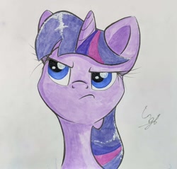 Size: 1624x1555 | Tagged: safe, artist:engi, imported from derpibooru, twilight sparkle, pony, unicorn, female, frown, irritated, simple background, solo, traditional art, watercolor painting, wrong eye color