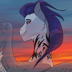 Size: 2048x2048 | Tagged: safe, artist:enderbee, imported from derpibooru, oc, pegasus, pony, blurry background, commission, looking at you, male, oc name needed, pegasus oc, simple background, smiling, smiling at you, stallion, sunrise, tattoo, wings