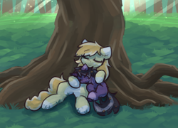 Size: 1922x1386 | Tagged: safe, artist:rivibaes, imported from derpibooru, oc, oc only, oc:orange cream, oc:rivibaes, pegasus, unicorn, female, filly, foal, mare, mother and child, mother and daughter, pegasus oc, sleeping, snuggling, tree