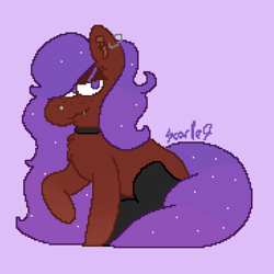 Size: 1280x1280 | Tagged: safe, artist:scarlet-gore, imported from derpibooru, oc, oc only, oc:alice nebulé, earth pony, pony, chest fluff, choker, clothes, curly hair, cute, ear fluff, ear piercing, earth pony oc, fluffy, freckles, original character do not steal, piercing, pixel art, purple background, purple eyes, purple hair, simple background, smiling, smirk, smug, socks, solo, tail, thigh highs