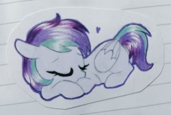 Size: 1024x687 | Tagged: safe, artist:darkynez, imported from derpibooru, oc, oc only, pegasus, pony, eyes closed, heart, lying down, sleeping, traditional art