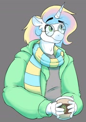 Size: 2040x2896 | Tagged: safe, artist:brewheardt, imported from derpibooru, oc, oc only, oc:lunar moon, anthro, clothes, coffee, glasses, gray background, scarf, simple background, solo, striped scarf