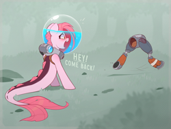 Size: 2822x2117 | Tagged: safe, artist:rexyseven, imported from derpibooru, oc, oc only, oc:koraru koi, merpony, pony, seapony (g4), absurd resolution, bubble, bubble helmet, digital art, dorsal fin, female, fish tail, grass, lying down, mare, open mouth, pink mane, prosthetic leg, prosthetic limb, prosthetics, red eyes, rock, solo, tail, teeth, water