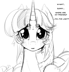 Size: 3000x3100 | Tagged: safe, artist:thelunarmoon, imported from derpibooru, twilight sparkle, alicorn, pony, crying, dialogue, feels, implied sunny starscout, offscreen character, sad, simple background, sketch, solo, talking, twilight sparkle (alicorn), white background