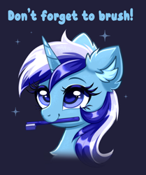 Size: 2818x3366 | Tagged: safe, artist:confetticakez, imported from derpibooru, minuette, pony, unicorn, brushie, brushie brushie, bust, chest fluff, cute, ear fluff, female, mare, minubetes, mouth hold, portrait, smiling, solo, text, toothbrush