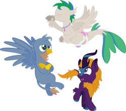 Size: 1920x1699 | Tagged: safe, artist:alexdti, imported from derpibooru, oc, oc:brainstorm (alexdti), oc:purple creativity, oc:star logic, griffon, hippogriff, kirin, seapony (g4), cloven hooves, eyes closed, griffonized, hippogriffied, kirin-ified, open mouth, open smile, seaponified, simple background, smiling, species swap, transformation, transparent background