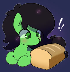 Size: 1033x1063 | Tagged: safe, artist:talimingi, imported from derpibooru, oc, oc:filly anon, earth pony, pony, blushing, bread, exclamation point, female, filly, foal, food, looking at something, lying down, ponyloaf, prone, solo