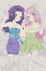 Size: 8533x13133 | Tagged: safe, artist:adrimikurg, imported from derpibooru, fluttershy, rarity, human, alternate hairstyle, bare shoulders, bed, blushing, breasts, busty fluttershy, choker, clothes, cute, dress, duo, female, flarity, grin, hairband, holding hands, humanized, jewelry, lesbian, necklace, open mouth, sexy, shipping, shirt, skirt, sleeveless, smiling, socks, stockings, strapless, thigh highs