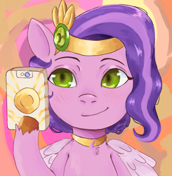 Size: 3828x3900 | Tagged: safe, artist:elissette_anne, imported from derpibooru, pipp petals, pegasus, pony, semi-anthro, adorapipp, cellphone, collar, cute, female, g5, jewelry, mare, phone, purple hair, selfie, simple background, smiling, solo, tiara, unshorn fetlocks