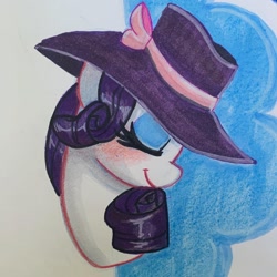 Size: 1440x1440 | Tagged: safe, artist:flutterpawss, imported from derpibooru, rarity, pony, unicorn, blushing, bust, eyelashes, eyes closed, female, hat, makeup, mare, solo, traditional art