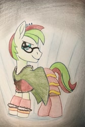 Size: 2348x3497 | Tagged: safe, artist:gracefulart693, imported from derpibooru, oc, oc only, earth pony, pony, earth pony oc, glasses, hat, male, smiling, solo, stallion, traditional art