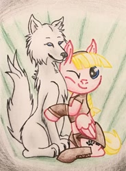 Size: 1422x1927 | Tagged: safe, artist:gracefulart693, imported from derpibooru, oc, oc only, oc:sweetie bloom, pegasus, pony, wolf, chest fluff, clothes, duo, female, mare, one eye closed, pegasus oc, traditional art, wink