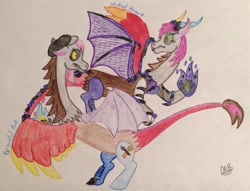 Size: 2044x1564 | Tagged: safe, artist:gracefulart693, imported from derpibooru, oc, oc only, draconequus, beret, draconequus oc, duo, hat, horns, rearing, signature, traditional art, wings