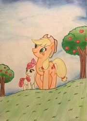 Size: 2408x3344 | Tagged: safe, artist:gracefulart693, imported from derpibooru, apple bloom, applejack, earth pony, pony, apple, apple tree, bow, duo, female, filly, foal, freckles, hair bow, hat, mare, outdoors, siblings, sisters, smiling, traditional art, tree