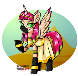 Size: 2066x2013 | Tagged: safe, artist:loverashley, imported from derpibooru, oc, alicorn, alicorn oc, bracelet, clothes, dress, egyptian, egyptian headdress, egyptian pony, female, horn, jewelry, latex, latex socks, makeup, mare, pyramid, socks, solo, wings