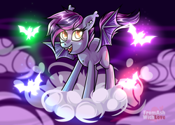 Size: 2800x2000 | Tagged: safe, artist:loverashley, imported from derpibooru, oc, oc only, bat, bat pony, pony, bat pony oc, bat wings, cloud, ear fluff, female, night, on a cloud, smiling, solo, wings