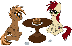 Size: 1686x1069 | Tagged: safe, artist:aprilfools, oc, oc only, earth pony, pegasus, pony, /bale/, cake, chest fluff, duo, earth pony oc, female, folded wings, food, mare, pegasus oc, simple background, transparent background, wings