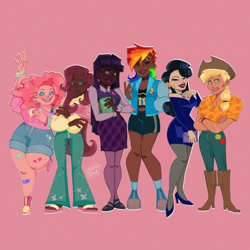 Size: 540x540 | Tagged: safe, artist:asavvyzavvy, imported from derpibooru, applejack, fluttershy, pinkie pie, rainbow dash, rarity, twilight sparkle, human, boots, clothes, converse, cowboy boots, dark skin, high heel boots, humanized, light skin, looking at you, mane six, pink background, shoes, simple background, tan skin