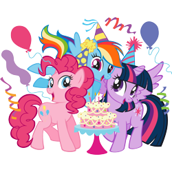 Size: 2048x2048 | Tagged: safe, imported from ponybooru, pinkie pie, rainbow dash, twilight sparkle, balloon, birthday cake, cake, cute, food, hat, official, party hat, simple background, stock vector, transparent background, zazzle