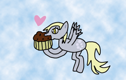 Size: 1700x1080 | Tagged: safe, artist:snowfilly, imported from twibooru, derpy hooves, pegasus, pony, derpy day, female, flying, food, image, mare, muffin, png, solo