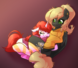 Size: 3080x2672 | Tagged: safe, artist:witchtaunter, imported from derpibooru, oc, oc only, oc:elegy, oc:veen sundown, pegasus, unicorn, clothes, cuddling, duo, duo female, eyes closed, female, gradient background, hoodie, horn, hug, pegasus oc, piercing, snuggling, socks, striped socks, sundown clan, unicorn oc, wing piercing, wings