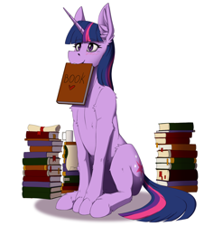 Size: 2540x2688 | Tagged: safe, artist:twotail813, edit, imported from twibooru, twilight sparkle, pony, unicorn, book, bookhorse, female, horn, image, mouth hold, png, scroll, simple background, sitting, smiling, solo, unicorn twilight, white background, wingless, wingless edit