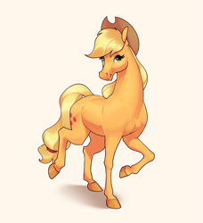 Size: 2845x3125 | Tagged: safe, artist:aquaticvibes, imported from derpibooru, applejack, earth pony, pony, applejack's hat, cowboy hat, female, freckles, hat, hoers, hooves, mare, pink background, raised hoof, simple background, solo