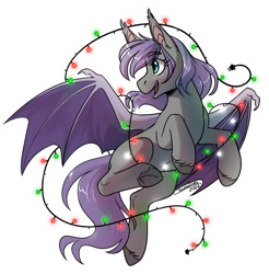 Size: 1326x1348 | Tagged: safe, artist:cosmalumi, imported from derpibooru, oc, oc only, bat pony, pony, bat pony oc, simple background, solo, string lights, white background