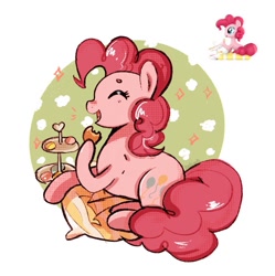 Size: 883x888 | Tagged: safe, artist:haibiscuits, imported from derpibooru, pinkie pie, earth pony, pony, cookie, eating, eyes closed, female, food, hoof hold, lying down, mare, open mouth, open smile, pillow, prone, smiling, solo, toy interpretation