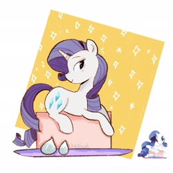 Size: 2048x2048 | Tagged: safe, artist:haibiscuits, imported from derpibooru, rarity, pony, unicorn, female, lying down, mare, passepartout, prone, simple background, solo, toy interpretation, turned head, white background