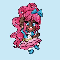 Size: 2000x2000 | Tagged: safe, artist:senpaiispace, imported from derpibooru, pinkie pie, human, blackwashing, blue background, chibi, cyan background, female, humanized, simple background, solo