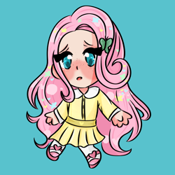 Size: 2000x2000 | Tagged: safe, artist:senpaiispace, imported from derpibooru, fluttershy, human, blue background, chibi, female, humanized, simple background, solo