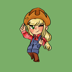 Size: 2000x2000 | Tagged: safe, artist:senpaiispace, imported from derpibooru, applejack, human, chibi, female, green background, humanized, simple background, solo