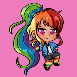 Size: 2000x2000 | Tagged: safe, artist:senpaiispace, imported from derpibooru, rainbow dash, human, chibi, clothes, female, humanized, pink background, rainbow socks, simple background, socks, solo, striped socks