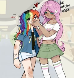 Size: 1323x1397 | Tagged: safe, artist:poneicoringa, imported from derpibooru, fluttershy, rainbow dash, human, belly button, clothes, duo, female, humanized, light skin, long socks, shorts, skirt, socks, tan skin, thigh highs