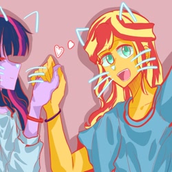 Size: 1080x1080 | Tagged: safe, artist:froseesia, imported from derpibooru, sunset shimmer, twilight sparkle, human, equestria girls, cat ears, duo, female, heart, holding hands, lesbian, shipping, sunsetsparkle, whiskers