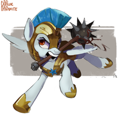 Size: 774x774 | Tagged: safe, artist:cadillac-dynamite, imported from derpibooru, pegasus, pony, armor, badass, blood, female, guardian angel (g4), guardsmare, helmet, mace, mare, morning star, mouth hold, royal guard, solo, weapon