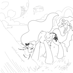 Size: 3508x3508 | Tagged: safe, artist:ponny, imported from derpibooru, princess celestia, princess luna, alicorn, cheese, chewing, eating, edible heavenly object, eye bulging, food, grass, jaw drop, monochrome, moon, night, onomatopoeia, shocked, shocked expression, sky, sound effects
