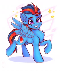 Size: 1600x1900 | Tagged: safe, artist:falafeljake, imported from derpibooru, oc, oc only, oc:andrew swiftwing, pegasus, pony, chest fluff, ear fluff, grin, leg fluff, multicolored hair, multicolored tail, raised hoof, raised leg, signature, smiling, solo, tail