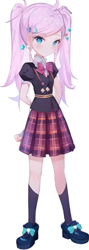 Size: 320x896 | Tagged: safe, artist:rainbowstarcolour262, imported from derpibooru, oc, oc only, oc:zina pearl, human, equestria girls, ai assisted, ai content, ai generated, anime, blushing, bowtie, clothes, female, generator:pinegraph, hairpin, hand behind back, pigtails, plaid skirt, school uniform, shirt, shoes, simple background, skirt, solo, twintails, white background, wrong eye color