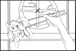 Size: 1072x720 | Tagged: safe, artist:applepost67, imported from derpibooru, applejack, earth pony, human, pony, black and white, chopsticks, female, grayscale, mare, monochrome, offscreen character, sketch, solo focus, tiny, tiny ponies