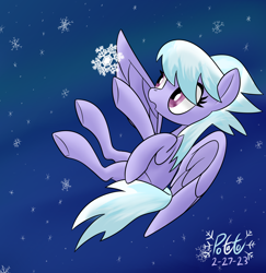 Size: 2082x2143 | Tagged: safe, artist:notadeliciouspotato, imported from derpibooru, cloudchaser, pegasus, pony, female, mare, night, open mouth, signature, sky, snow, snowfall, snowflake, solo, spread wings, wings