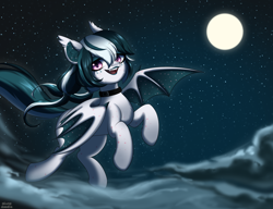 Size: 2600x2000 | Tagged: safe, artist:alunedoodle, imported from derpibooru, oc, oc only, oc:velvet lights, bat pony, cloud, collar, fangs, female, flying, goth, lipstick, moon, night, night sky, piercing, sky, solo, stars