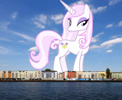 Size: 1700x1400 | Tagged: safe, artist:90sigma, edit, editor:jaredking779, imported from derpibooru, fleur-de-lis, pony, unicorn, berlin, female, germany, giant pony, giant unicorn, giantess, highrise ponies, irl, looking at you, macro, mare, mega giant, photo, ponies in real life, smiling, solo