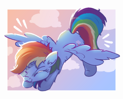 Size: 1000x800 | Tagged: safe, artist:candy meow, imported from derpibooru, rainbow dash, pegasus, pony, :3, cloud, cute, dashabetes, ear fluff, eyes closed, female, gradient background, leg fluff, mare, messy mane, messy tail, simple background, solo, spread wings, stretching, tail, wing fluff, wings