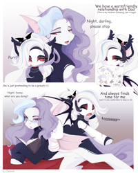 Size: 4000x5000 | Tagged: safe, artist:xsatanielx, imported from derpibooru, oc, oc only, oc:nightlight snow, bat pony, pony, bat pony oc, biting, book, comic, father and child, father and daughter, female, glasses, hair bite, male, mare, purring, text, yawn