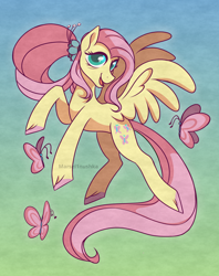 Size: 2448x3094 | Tagged: safe, artist:marsel1nushka, imported from derpibooru, fluttershy, butterfly, pegasus, pony, female, mare, older, older fluttershy, open mouth, open smile, smiling, solo, spread wings, unshorn fetlocks, wings