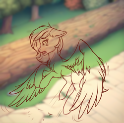 Size: 2000x1982 | Tagged: safe, imported from derpibooru, oc, oc:darky wings, pegasus, pony, spoiler:comic, blurry background, crushing, doodle, macro, macro/micro, micro, page, pony oc, scared, shocked, sketch, spread wings, story, wings